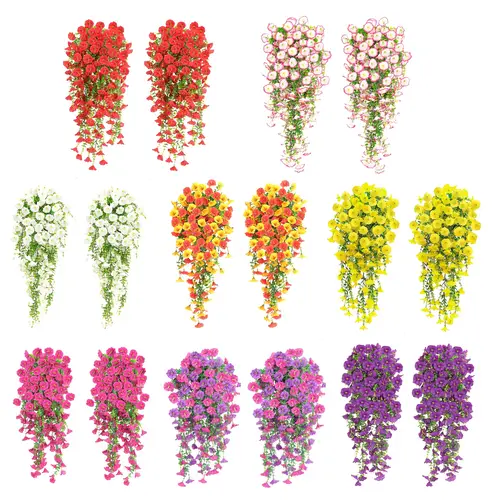 2pcs hanging flowers mixed fabric and eucalyptus leaves uv resistant realistic artificial plants suitable for outdoor home office garden decoration ideal for thanksgiving christmas halloween artificial outdoor flower