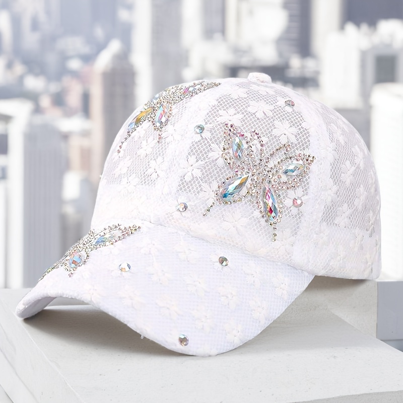 TEMU Sparkling Sequin Baseball For Women - Adjustable Mesh Back, Breathable & Sun-protective, White With Embellishments, Perfect Gift For Travel Or Special Occasions