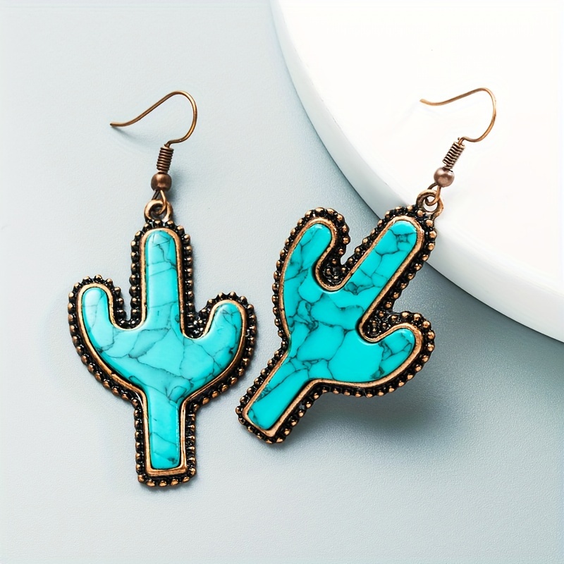 TEMU A Pair Of New Retro Western Style Cactus Earrings Alloy Copper Plated Turquoise Inlaid Jewelry