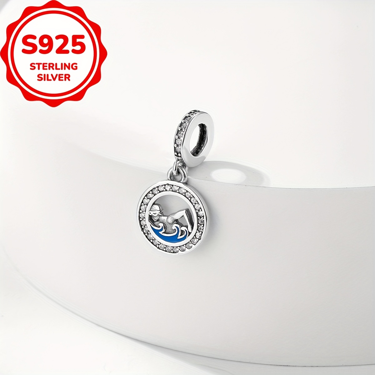 TEMU 1pc 925 Sterling Silvery Circular Swimming Design Bracelet Or Necklace Charms Beads Making Birthday Or Holiday Gifts
