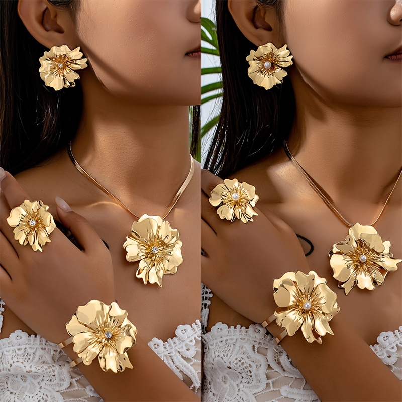 

Floral Jewelry Set With 14k Golden Plated Iron, Rhinestone Accents - Earrings, Necklace, Ring, And Bracelet Ensemble For Women - Elegant Accessory For Parties And Gifts