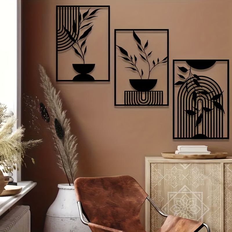 IcosaMro 3D Metall Wanddekoration Boho – 3-teilig, Je 30x43 Cm, Schwarz, Abstrakt-minimalistisch Für Wohnzimmer & Mehr