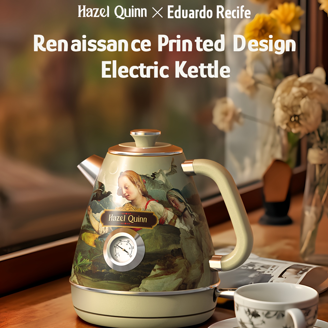 

Hazel Quinn X Eduardo Recife Collaboration Electric Retro Tea Kettle With Thermometer 1.7 Litres/57.5 Ounces, All Stainless Steel, Fast Boiling 1200w, Cordless, Bpa-free, Automatic Shut-off