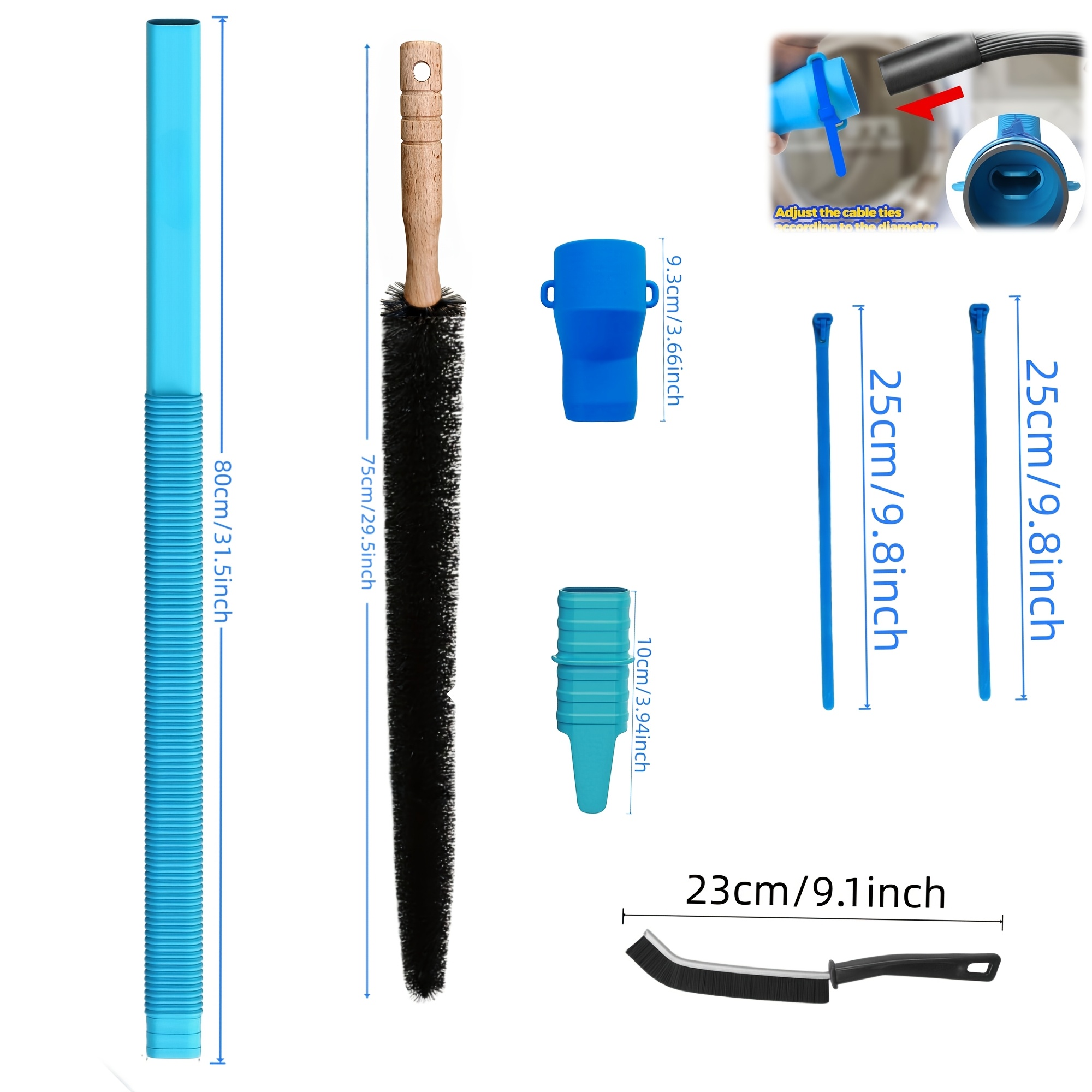 TEMU Tuyau de nettoyage de conduit de sécheuse amélioré avec fentes pour attaches de câble ; comprend 2 attaches de câble, une brosse à et une brosse