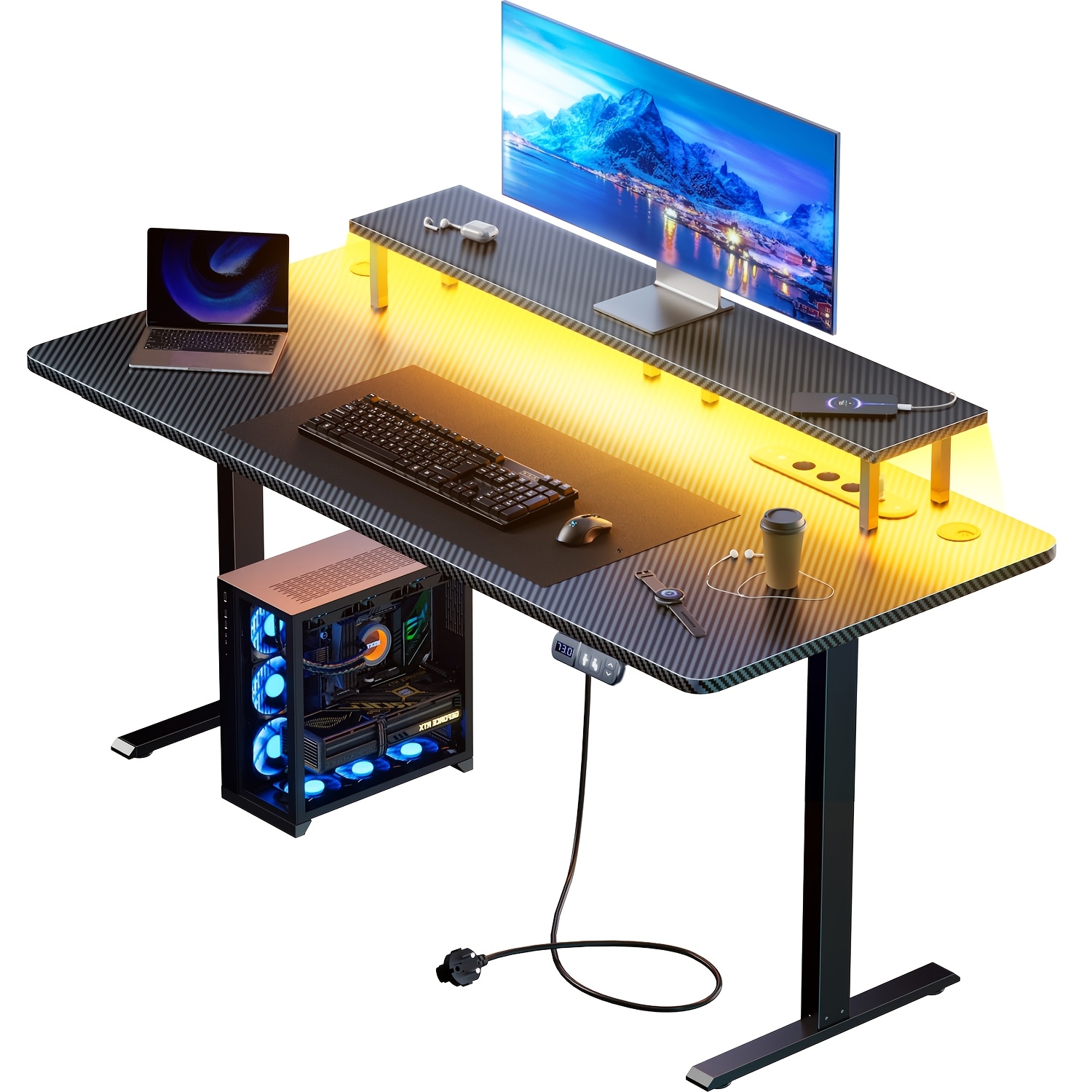 Image of Smart Height Adjustable Rgb Gaming Desk With Built-in Power Outlet, Computer Table With 3 Memory Ergonomic Carbon Fiber Surface Gamer Table With Motor For Office, Bedroom, Adults