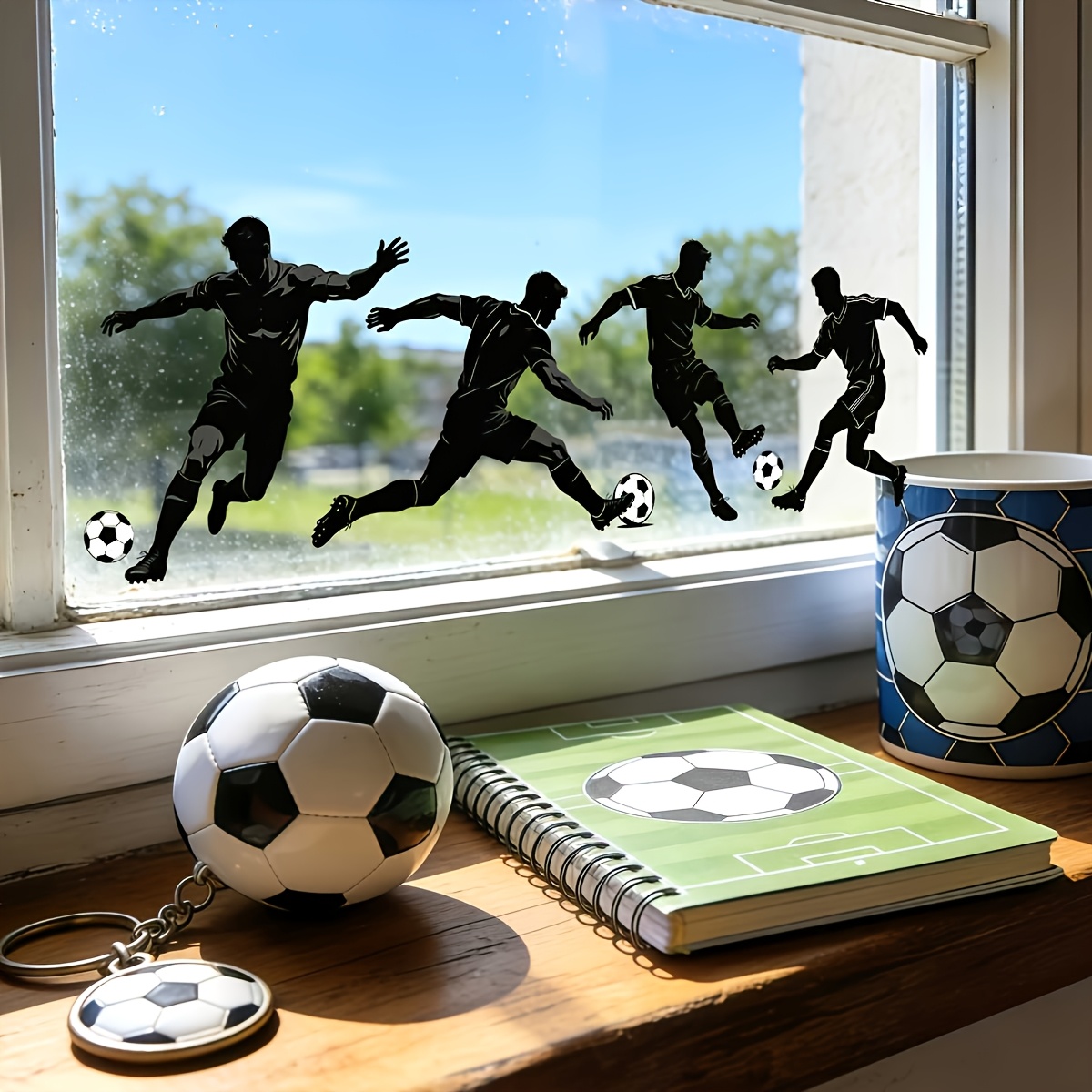 Image of Creative Football Player Silhouette Static Cling Glass Decals, No Adhesive Reusable 3-layer Color-white-color Printing Double-sided Sports Style Window Stickers For Living Room Bedroom Shop Decor