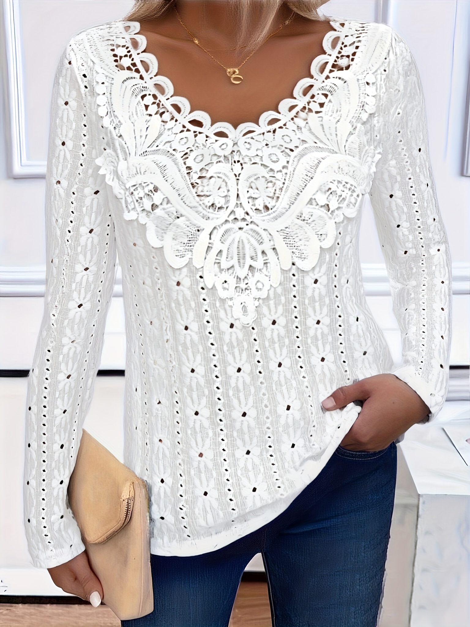 T-shirt élégant à manches longues pour femme pastel blouse à dentelle  pour les tenues quotidiennes et formelles Haut de soirée non transparent 