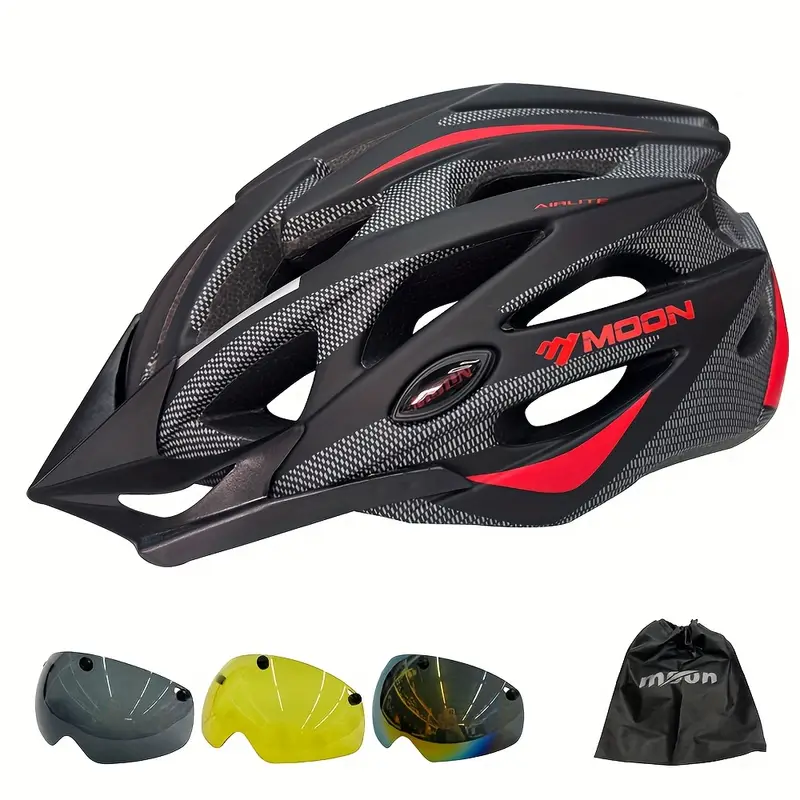 moon ultralight cycling helmet with removable visor black red adjustable multi use for road mountain biking unisex adult uncharged unisex cycling gear modern helmet design adjustable strap helmet details 19