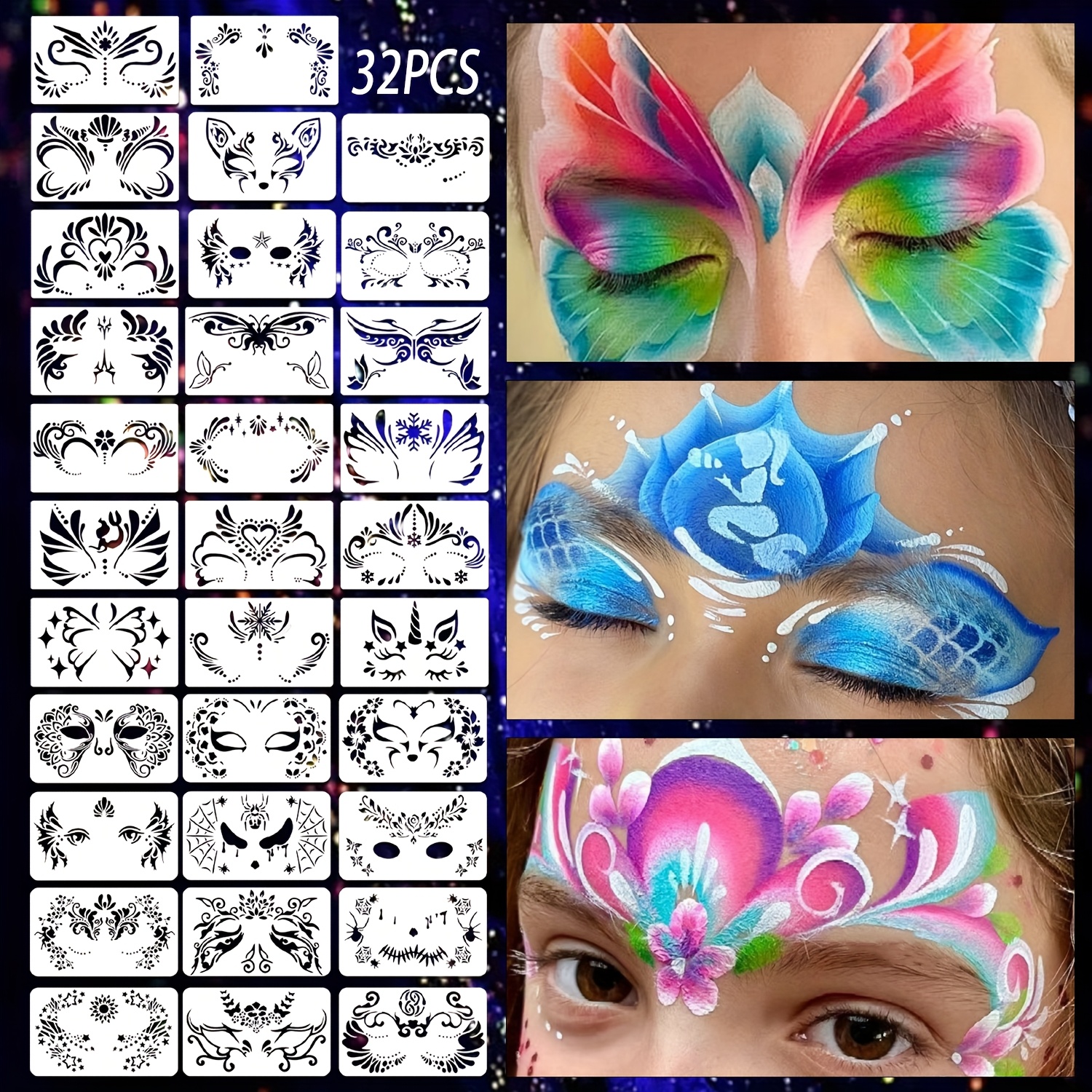 TEMU 32pcs Face Painting Stencil Set, Suitable For Masquerade Balls, Cosplay, Carnival Parties, Birthday Parties, And Other Occasions. Hollow-out