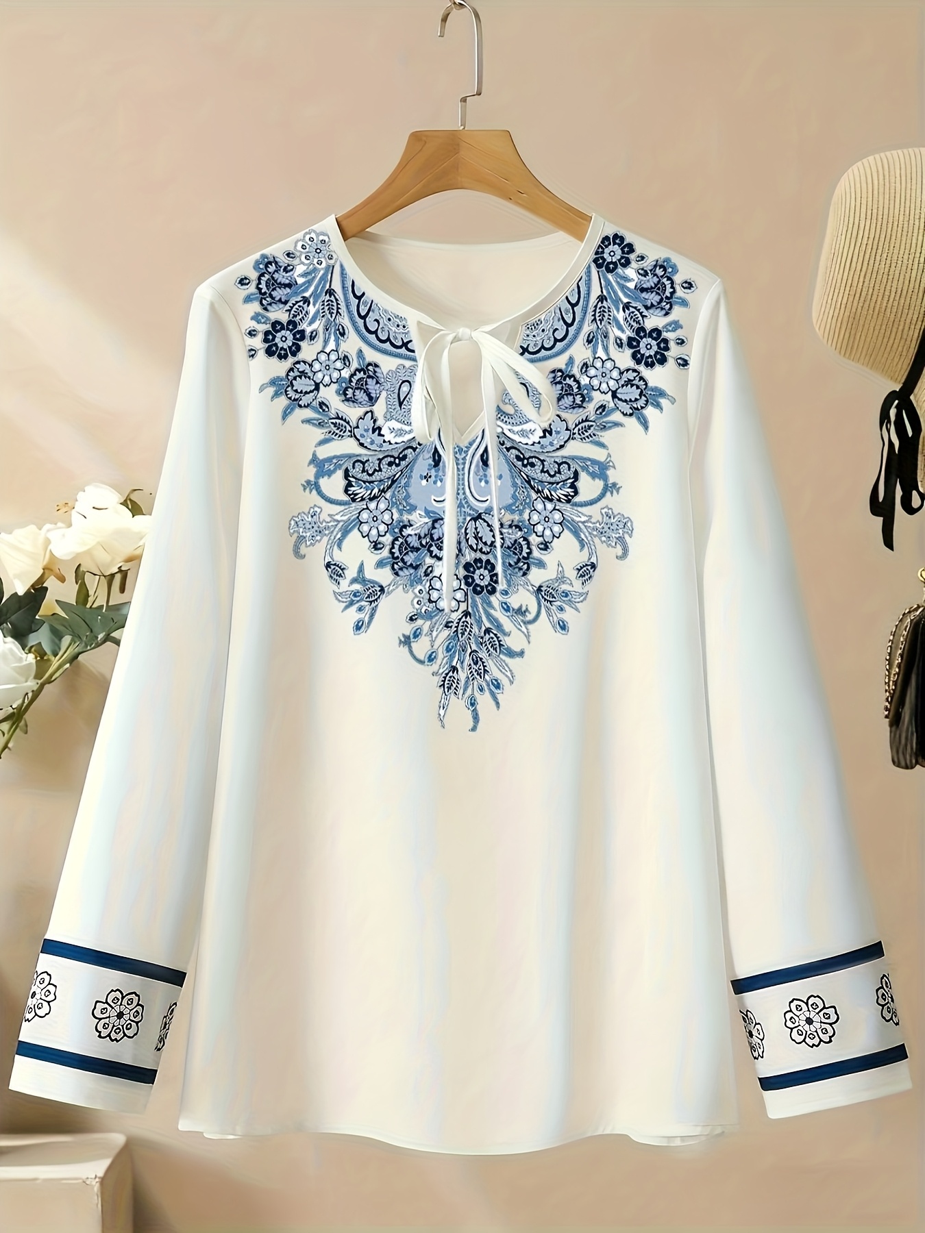 Women's White & Blue Floral Print Long Sleeve Button-up Shirt with Tie Neck Collar
