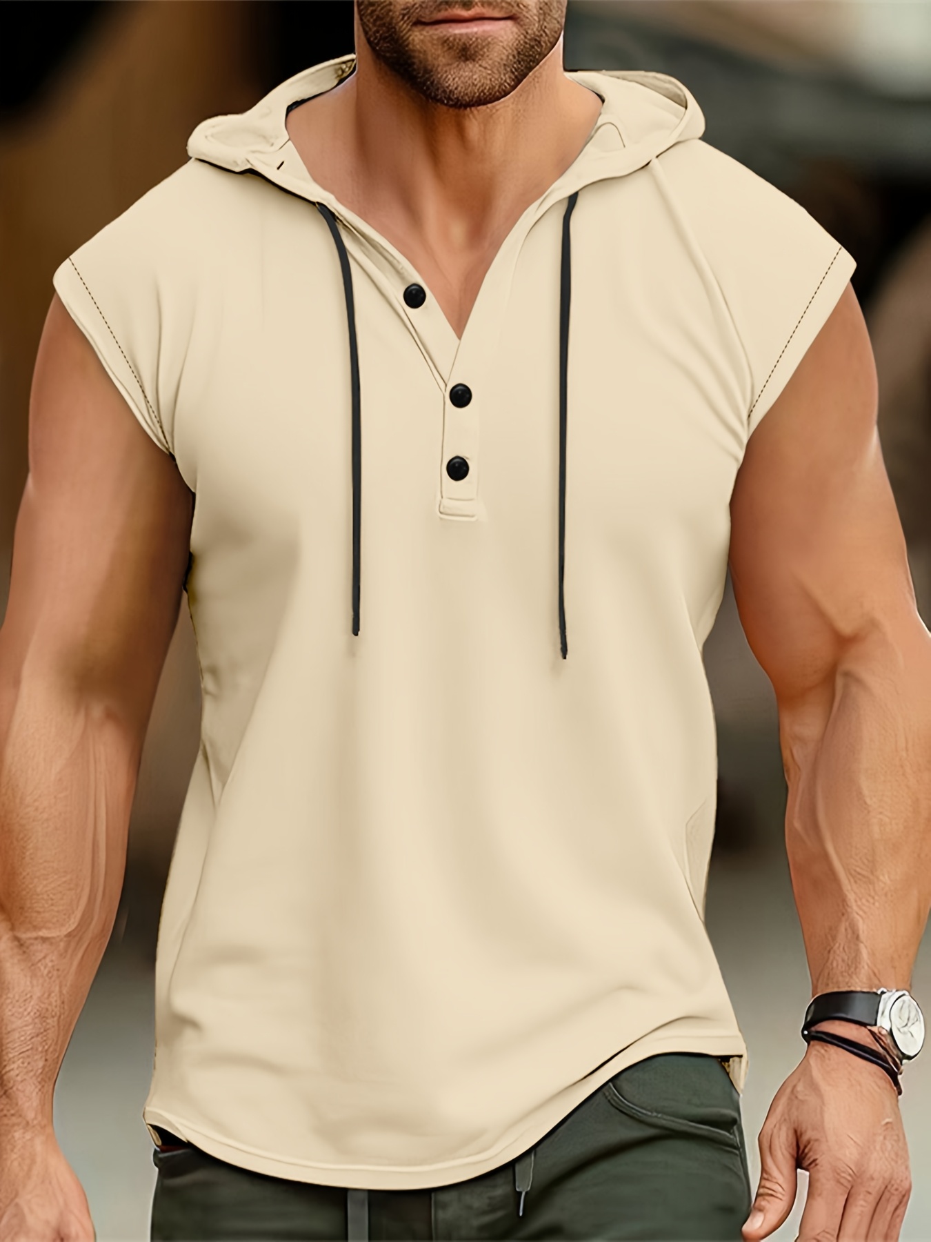 Men's Sleeveless Hooded Henley Shirt - Lightweight, Breathable Polyester | Summer Casual & Sporty Top with Button Detail | Machine Washable