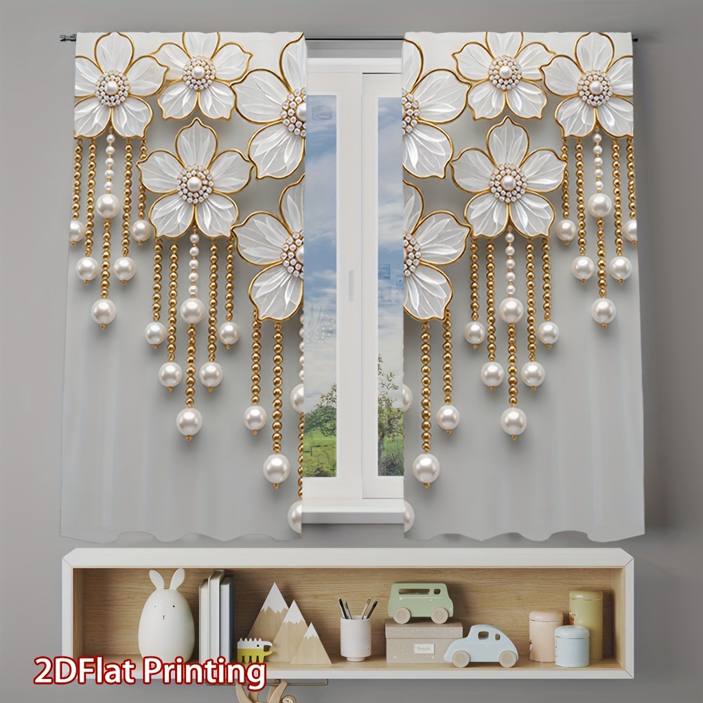 TEMU 2pcs Panels Floral Pearl Print Window Curtains Semi-sheer Privacy Panels Suitable For Living Room, Kitchen, Bedroom - Pocket Rod Installation,