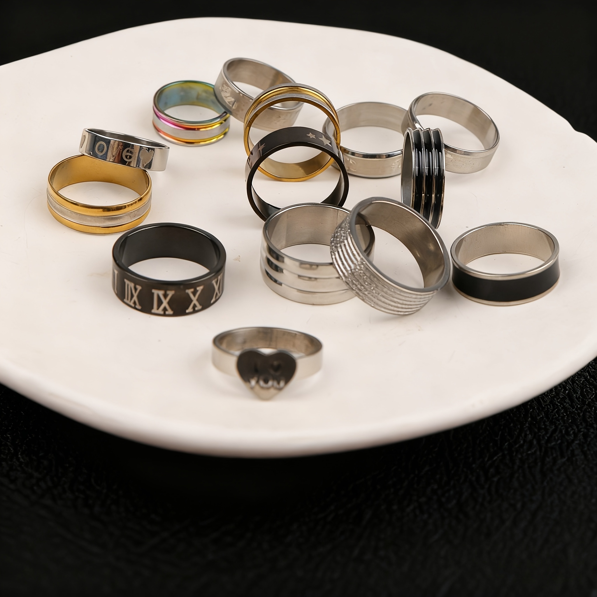 16pc Fashion Trendy Stainless Steel Rings, Mixed Styles