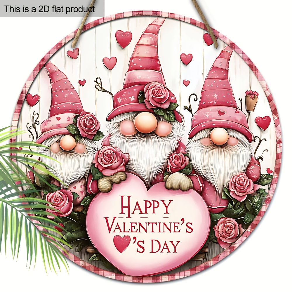 TEMU 2d Flat Single Valentine's Day Gnome Wooden Decoration - 2d Flat Hanging Sign Featuring Roses & Hearts, Great For Front Door & Home Decoration,