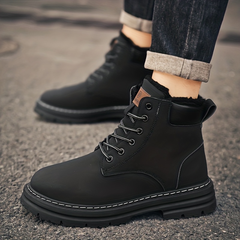 Bottes d'hiver robustes pour hommes avec semelle épaisse en PU et traction en PVC - Bottines courtes à bout rond à lacets pour glace, neige, extérieur - Chaleur pour le ski, la marche, l'usage quotidien (Large gamme de tailles disponibles)
