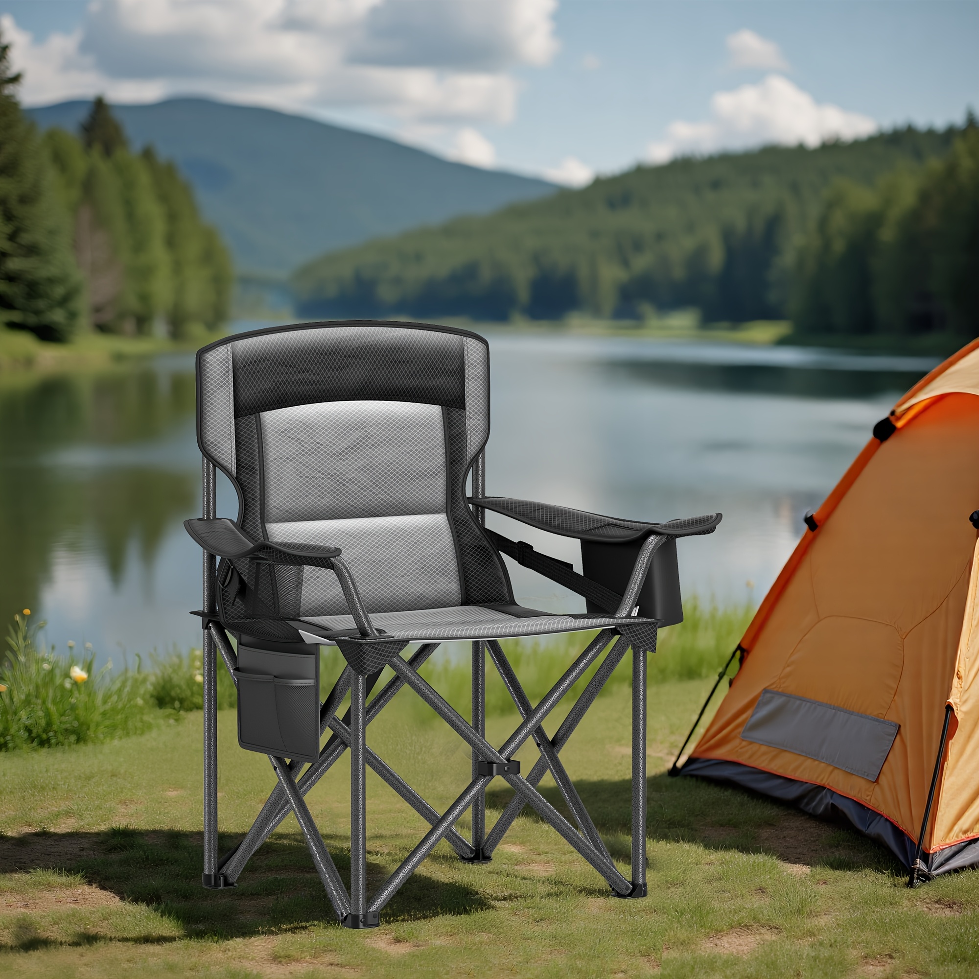 TEMU Chaise de camping surdimensionnée avec support lombaire, chaise pliante d'extérieur robuste