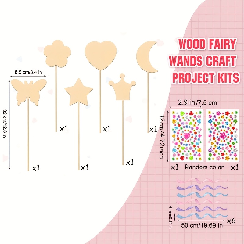 TEMU Kit de Bricolage 14 Pièces Baguette de Princesse, Fournitures pour Fête d'Anniversaire, en Bois à Soi-, Inclut 6 de Fée en Bois Non (1 de Chaque