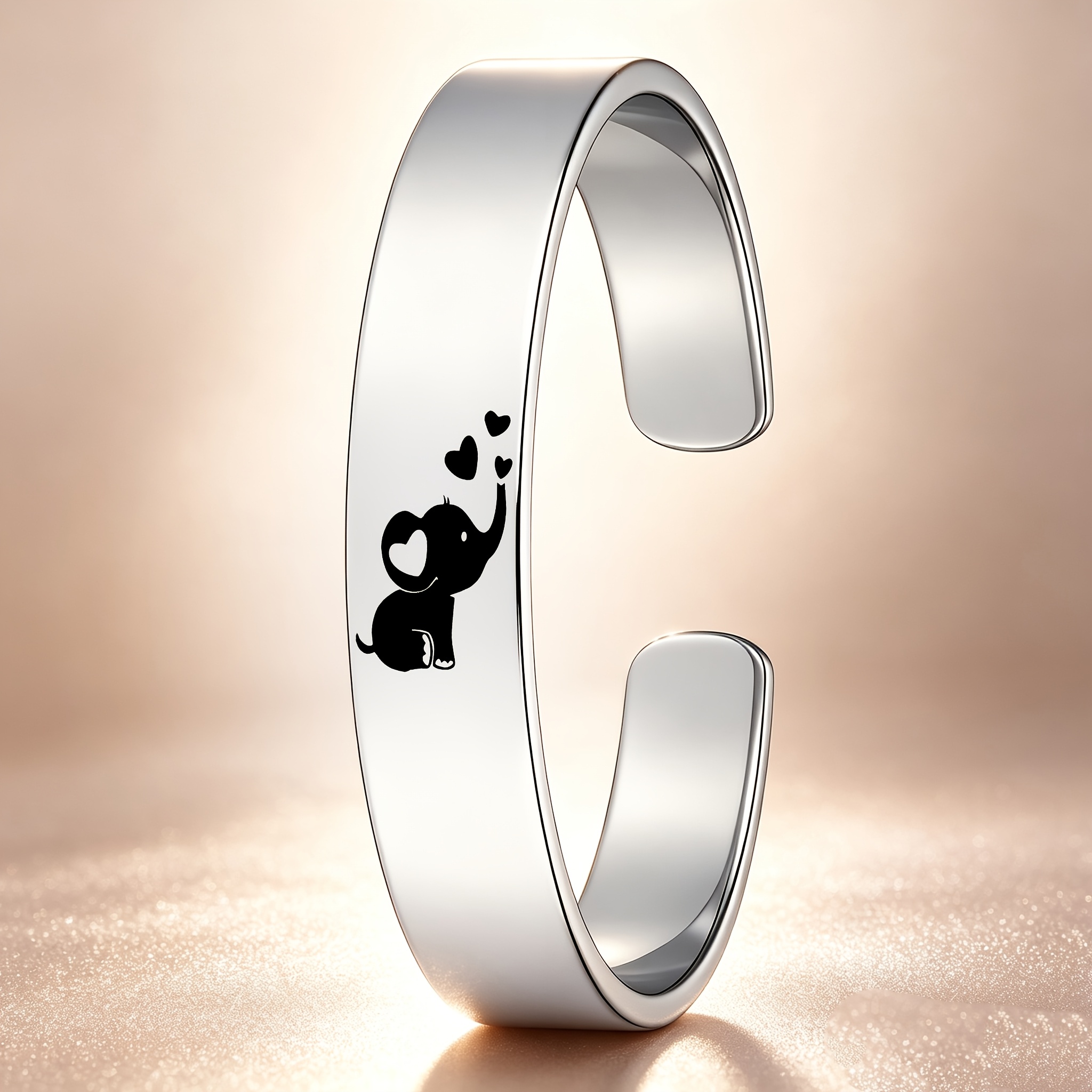 Charming Elephant and Heart Pattern Stainless Steel Open Bangle, Cute Gift