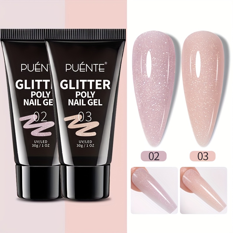 Image of Puente 2pcs Glitter Poly Nail Gel Set, 30g Nude Pink Colors Fast Builder Gel For Fingernails And Toenails, Hypoallergenic, Soak-off Led Cured, Shimmer End, Ideal For Use, Nail Polish Gel