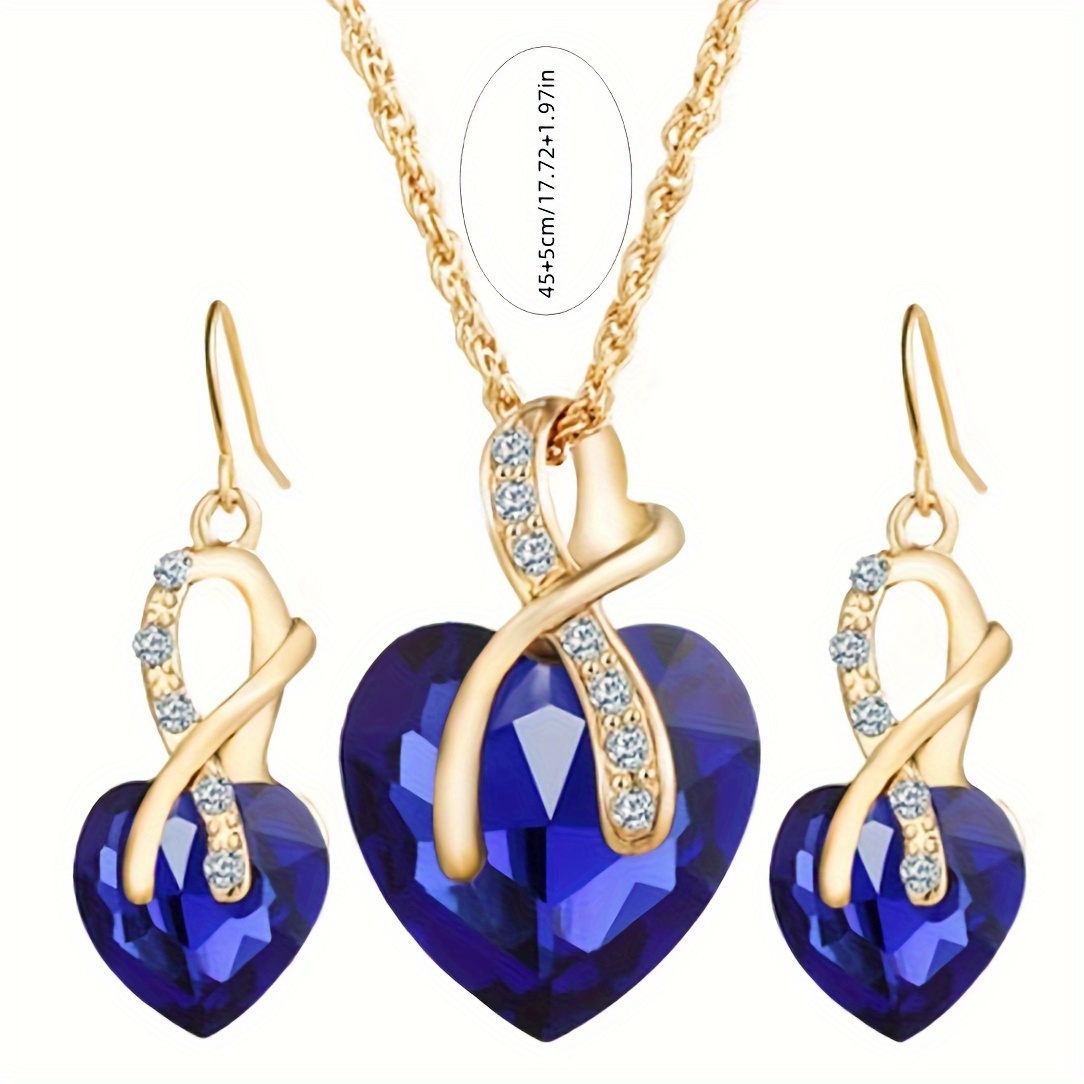 TEMU A Set Peach Heart Necklace Artificial Crystal Glass Earrings Necklace Jewelry Set Dating Gift For Women Daily Wear