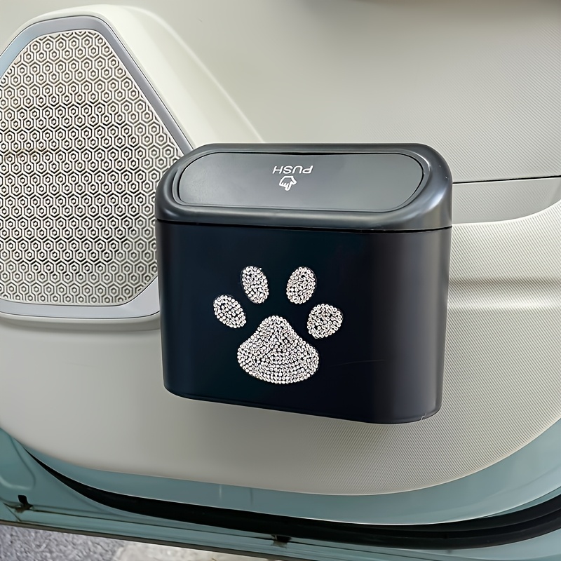 

Dog Paw Print Car Trash Can - Shiny Diamond Inlay - Multifunctional Hanging Storage Box With Automatic Lid - Car Interior Accessories