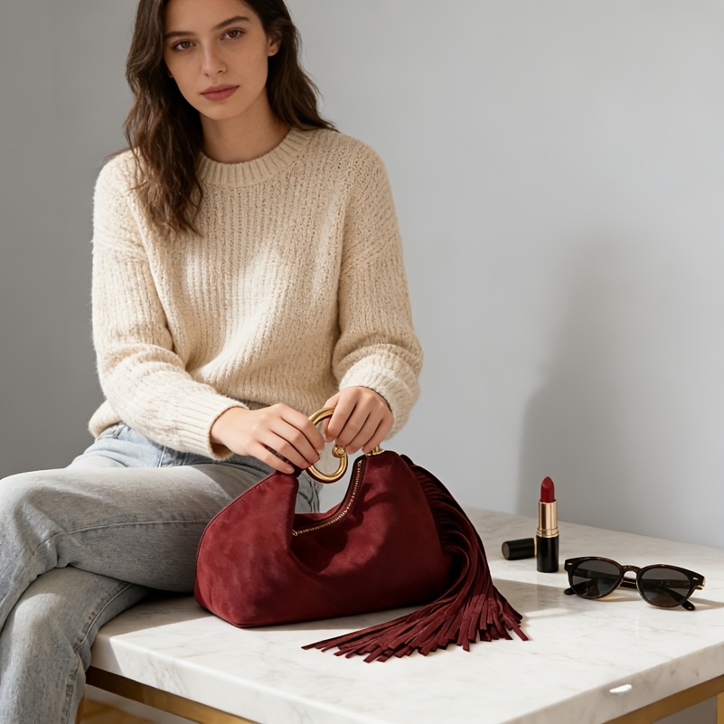 A Luxurious Suede Handbag for The Fall And Winter Seasons, Featuring a Stylish Vintage Tassel Design Available in Four Colors (Burgundy, Purple-Brown, Coffee), with an Optional Premium Texture, an Elegant Tassel Handbag