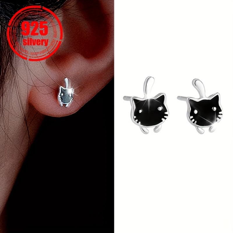 

2pcs Women's Fashion Earrings, 925 Sterling Silvery With Cute Black Cat Glaze, Suitable For And Party Wear, Gift , Total Weight . 0.55g