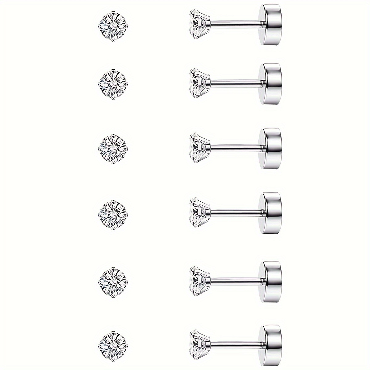 

6 Pairs 20g Earring Stud For Women Men Surgical Steel Flat Back Stud Earrings Set, 3mm Round Cz Screw Back Stud Earrings For Tragus Piercing Jewelry