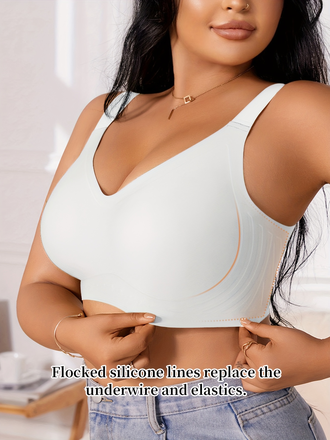womens plus size seamless v neck jelly strip bra soft support gathered   anti sagging removable padding u shaped back comfortable wireless design