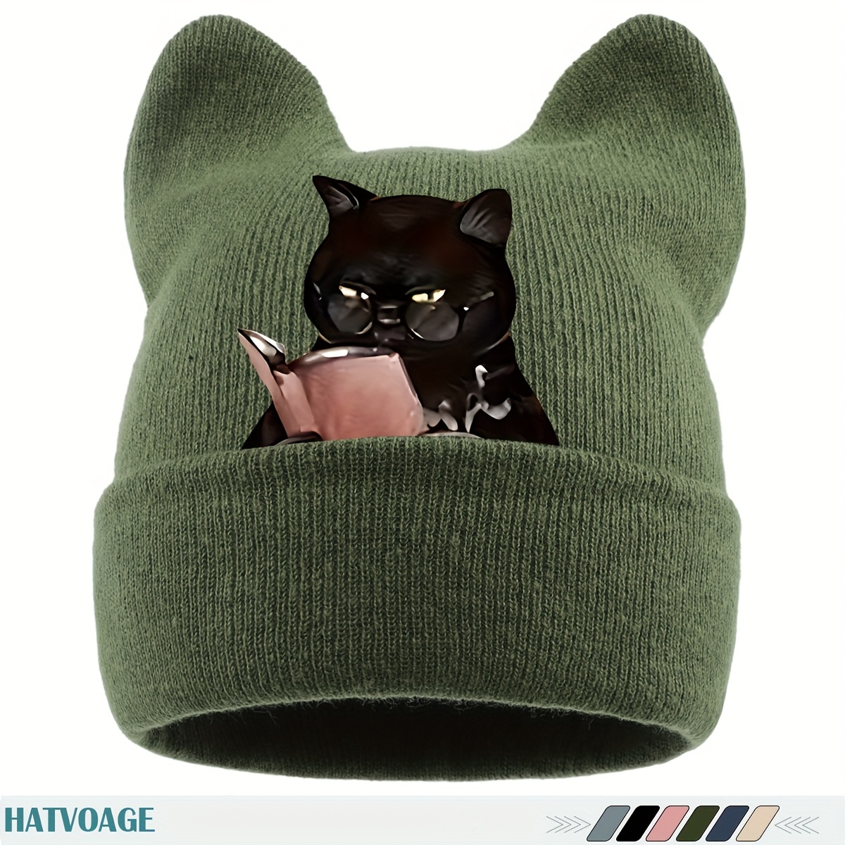 TEMU 1pc Cute Anime Kitten Bookworm Cat Ear Beanie - Winter Hat With Paws & Glasses, Soft Warm Breathable Suitable For , Christmas Gift For Skiing,
