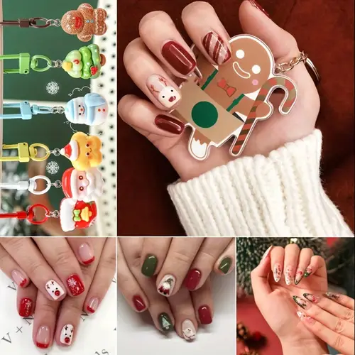 96pcs short square shiny glossy nails set 6pcs christmas keychain on gingerbread man snowflake sequin design holiday elements oval shape andmixed color tone for women and girls christmas party andfestive occasions