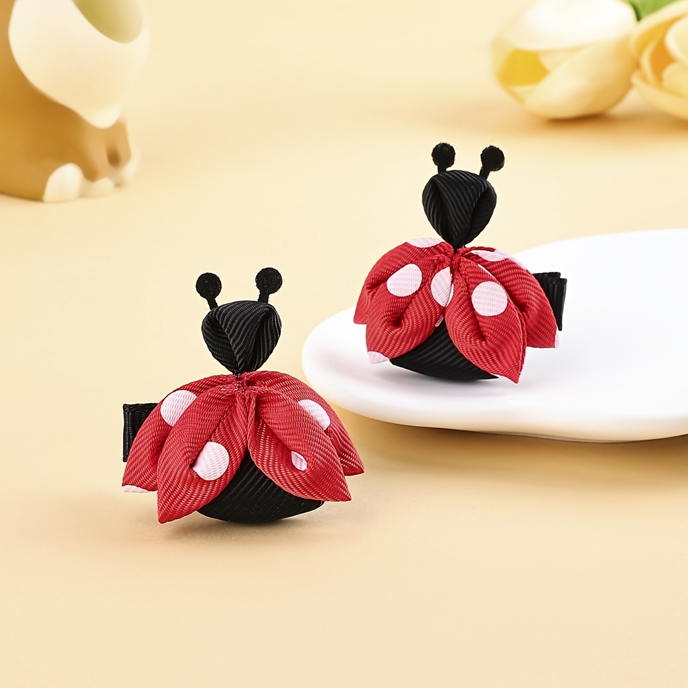 2pcs Ladybug Hair Clips For Girls, Insect Hair Barrette For Kids, Cute Mini Hairpin, Grosgrain Ribbon Insect Hair Bows Clips, Handmade Children's Hair Accessories For Back To School