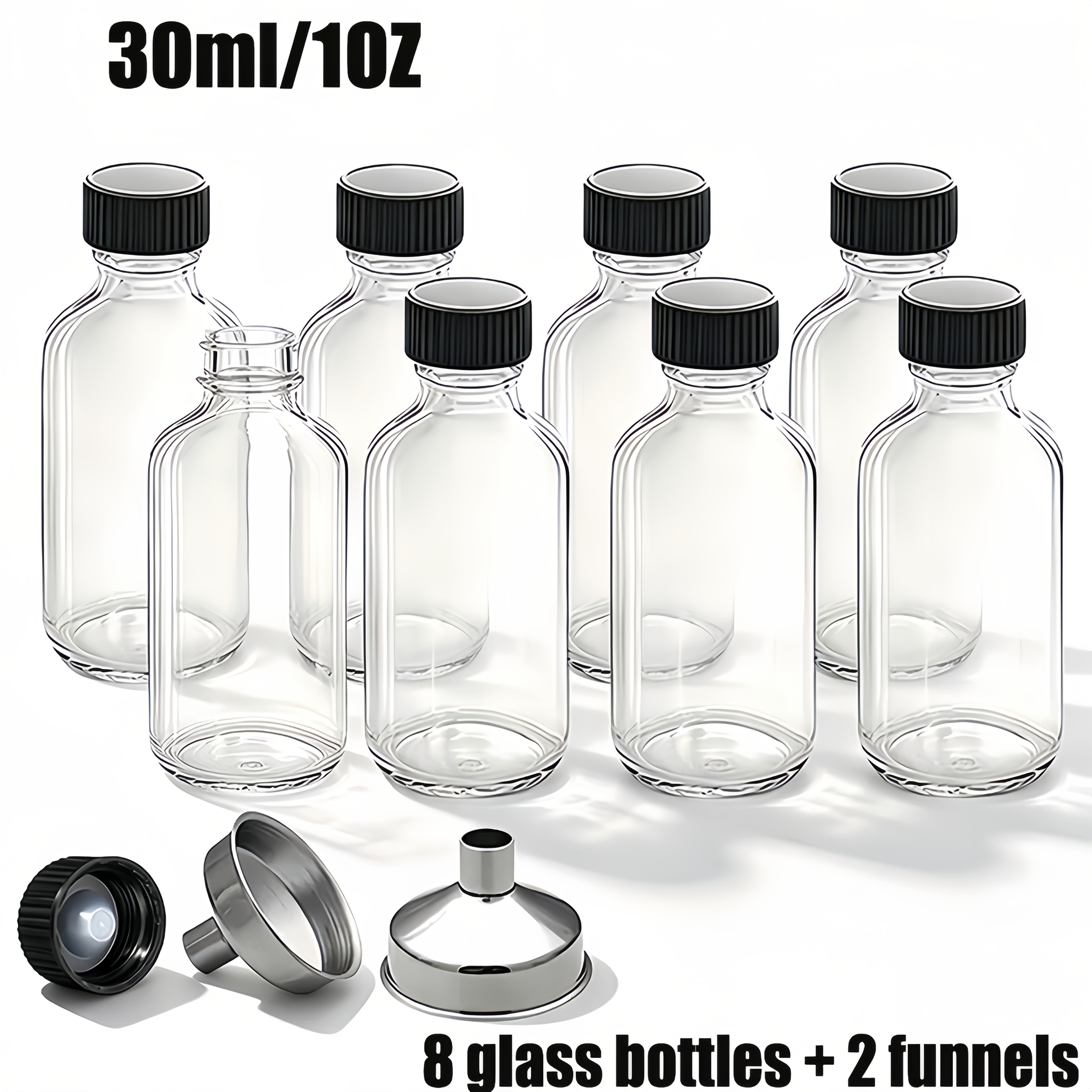 TEMU Lot de 10 (8 flacons + 2 entonnoirs) / Lot de 5 (4 flacons + 1 ), 30ml/60ml/120ml, Flacons en verre transparent avec couvercles et entonnoirs en