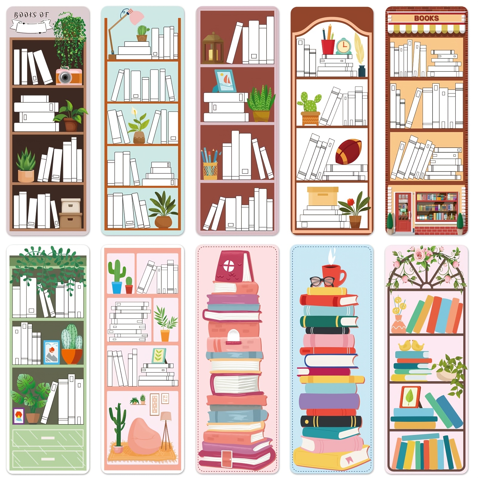 

50pcs Book Bookmarks Set - Double-sided Paper Bookshelf Design Trackers, Reusable & Customizable, Readers & Students, 5pcs Per Pattern