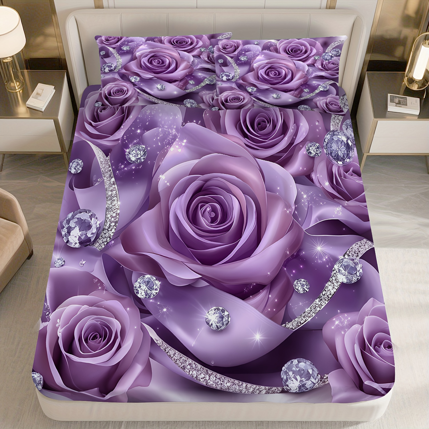 TEMU 3pcs Fitted Bed Sheet Set(1 Fitted Bed Sheet +2 Pillowcases) Purple Rose Diamond Printed Bed Sheet Set, Bedding Set, Soft And Comfortable Bed