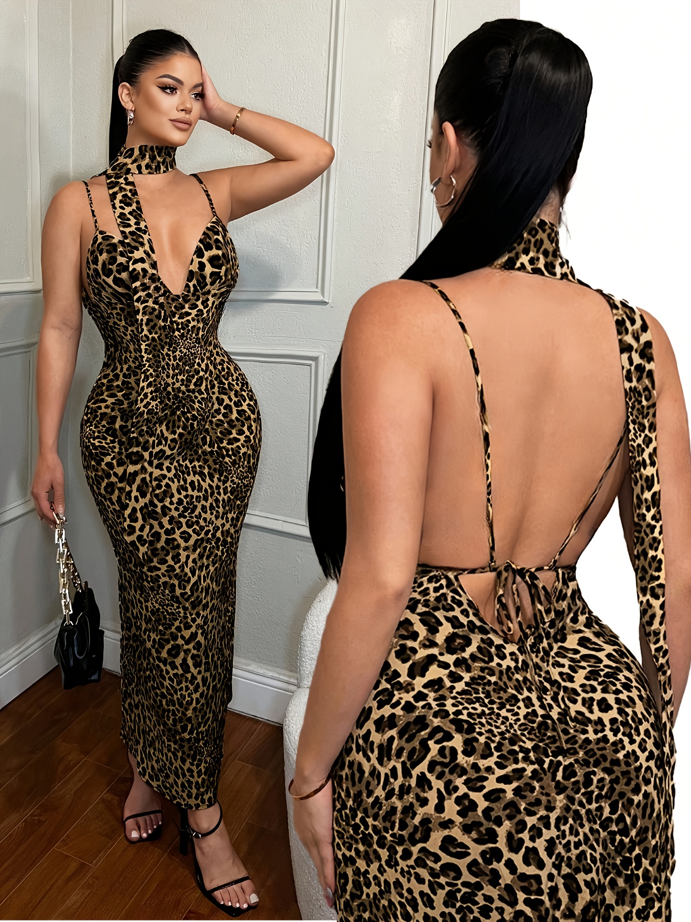 slim fit dress slacks Zapaka Women Golden Leopard Holiday Dress with Slit Metallic Cut Out Halter Long Party Dress, Coffee Leopard / US4 main image 1