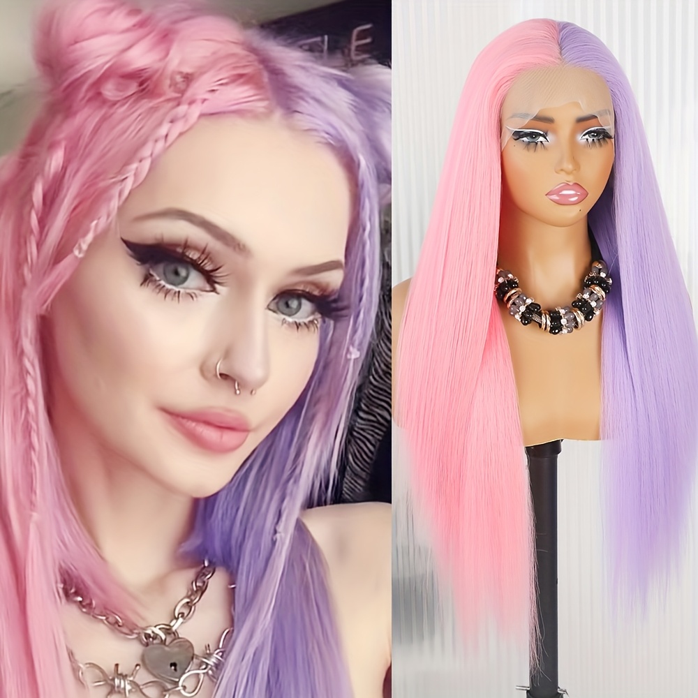 pink purple hair lace front wig synthetic glueless ombre hot 