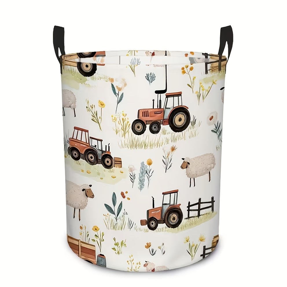 TEMU 1pc Agricultural Tractor Sheep Pattern Circular Basket Foldable, Suitable For Wardrobe And Bathroom, Bedroom Clothing Storage Box, Fashion Home