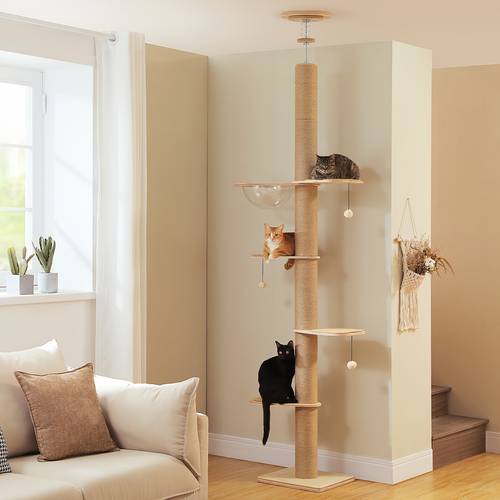 road offers a tall cat tree designed for indoor use featuring five adjustable levels with a height range of 200 5 to 261 5 cm this sturdy modern wooden climbing tower thick scratching posts an acrylic cave non slip pads