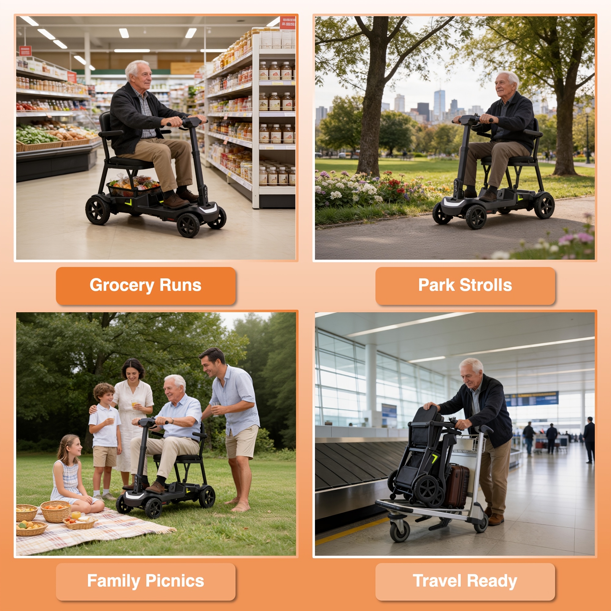 a lightweight foldable four wheeled electric mobility scooter suitable for seniors and adults   with dual removable batteries meeting air travel   offering a long range and a   of 5 mph Product details 3