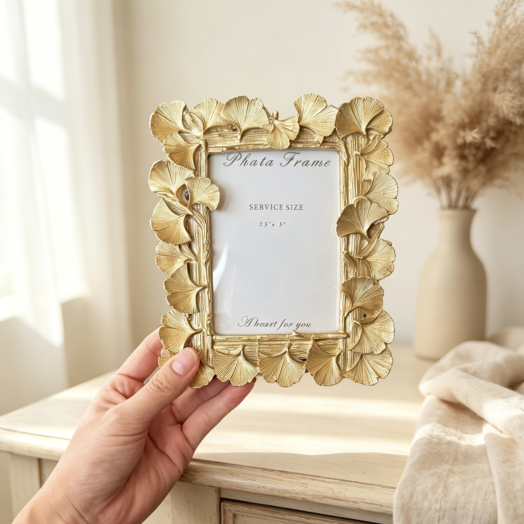 TEMU 1pc Vintage Style Golden Ginkgo Leaf Photo Frame, Resin Embossed Picture Frame, Exquisite Desktop Display Stand, Suitable For Wedding Photos And
