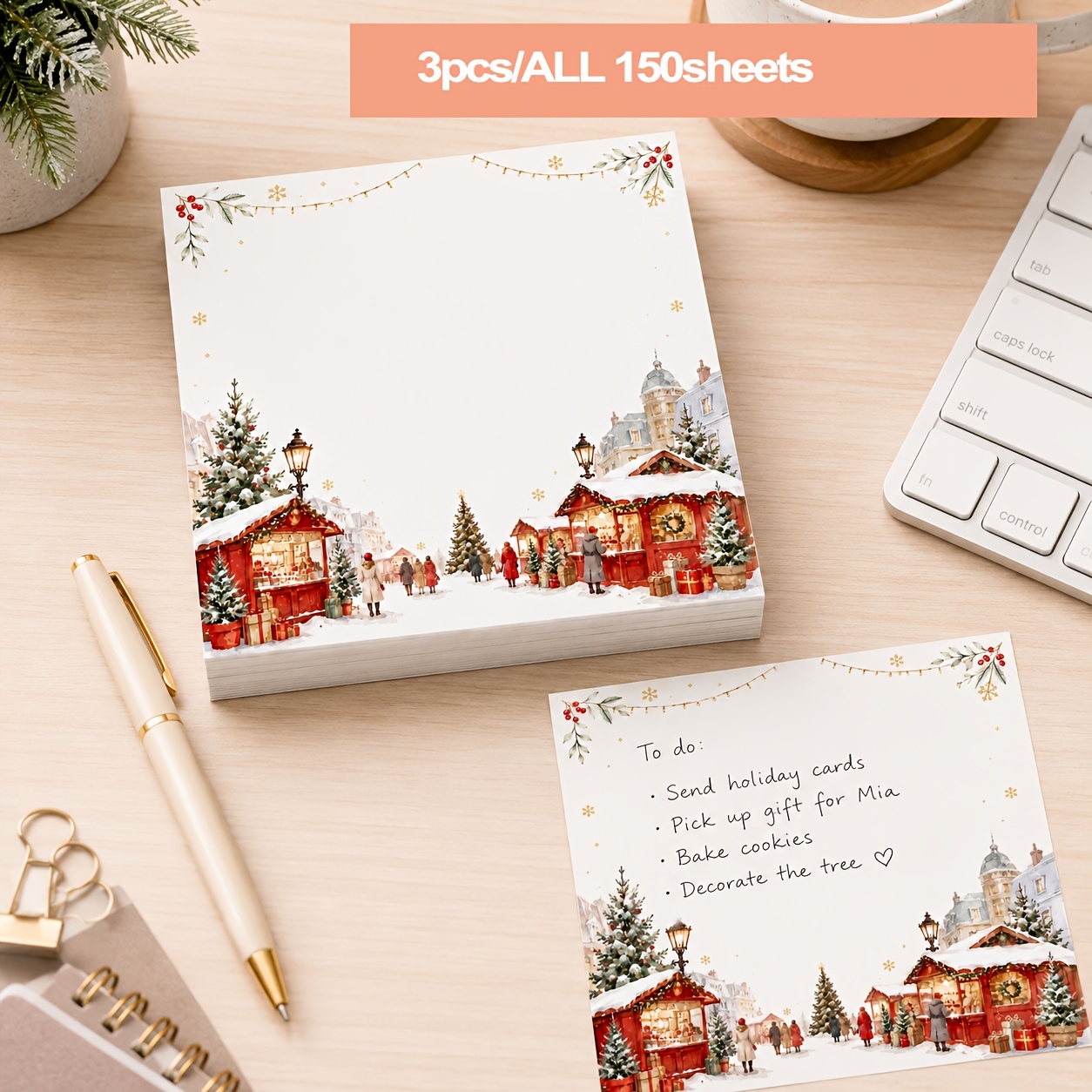 TEMU 3pcs/50 Sheets Per Book, Christmas Market Sticky Notes, 7.7 X 7.7cm Square Memo Pads, Self-adhesive Reminder Notes, Suitable For Office, School,