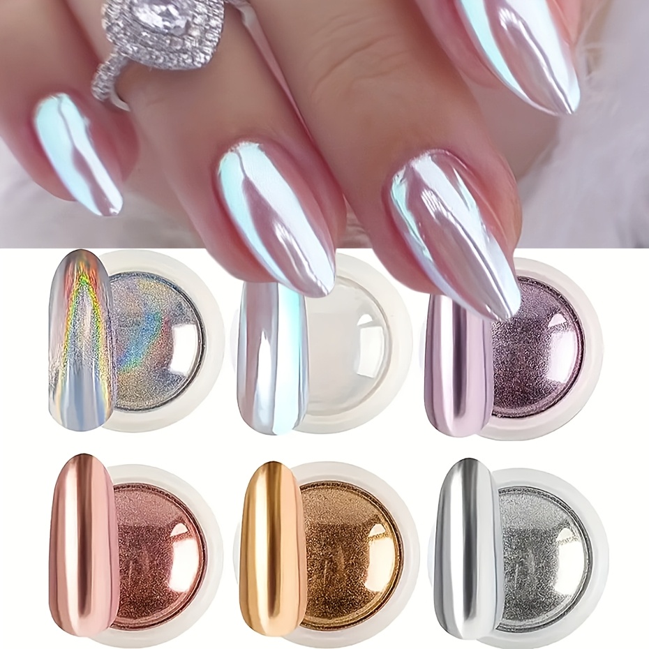 6 stk. negle   spejlpulver og perlemors hvid aurora pulver sæt - hvid, guld, sølv laser charm metallisk spejleffekt iridescent højglans gnid på negle chrome gel lak neglepynt