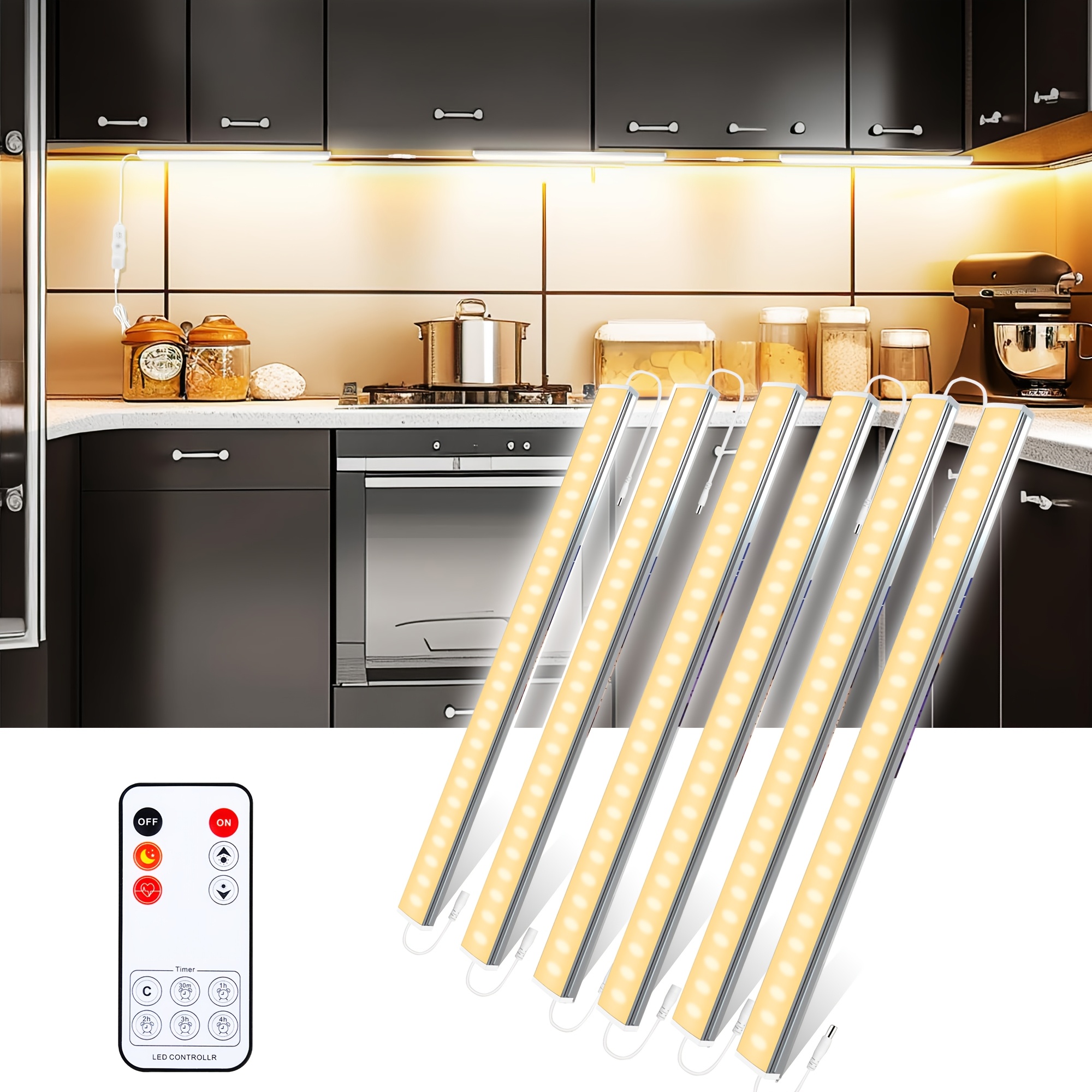 

6 Pcs Under Cabinet Lights Plug In, 12 Inch Ultra Thin Under Cabinet Lighting, Warm White Under Counter Lights For Kitchen, Dimmable Light For Cabinet, Counter, Workbench, Desk