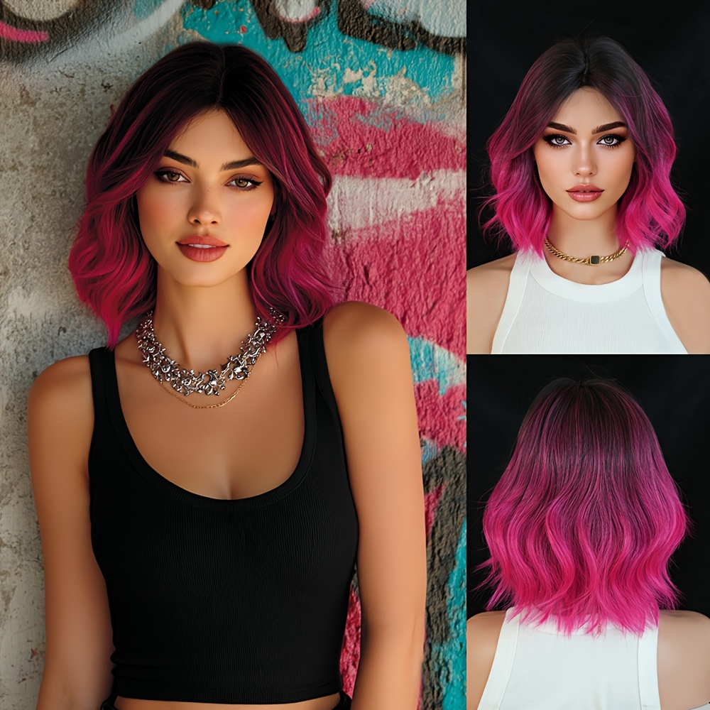 E-shop Kurze Wasserwelle Schwarze Ombre Lila Perücke für Damen Täglicher Gebrauch Bescheidene Mode Mittlere Haarpartie Perücken mit Vorhang Pony Hohe