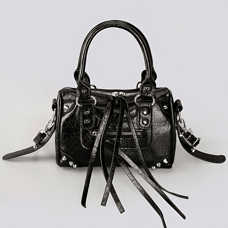 TEMU 1pc Black Rivet Studded Metal Tassel Zipper Decor Pu Material Adjustable Long Shoulder Strap Square Handbag, Women Crossbody Bag