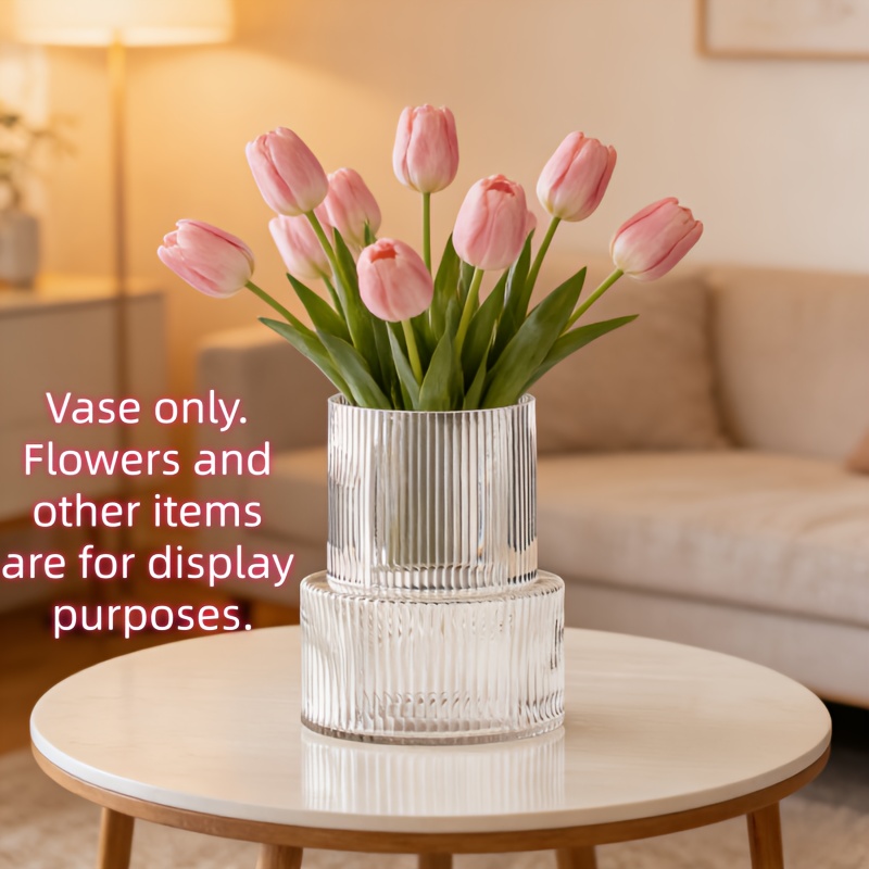 Image of Modern Round Glass Flower Vase | Contemporary Striped Design For , Ideal For Roses, Tulips, Lilies On Dining Table