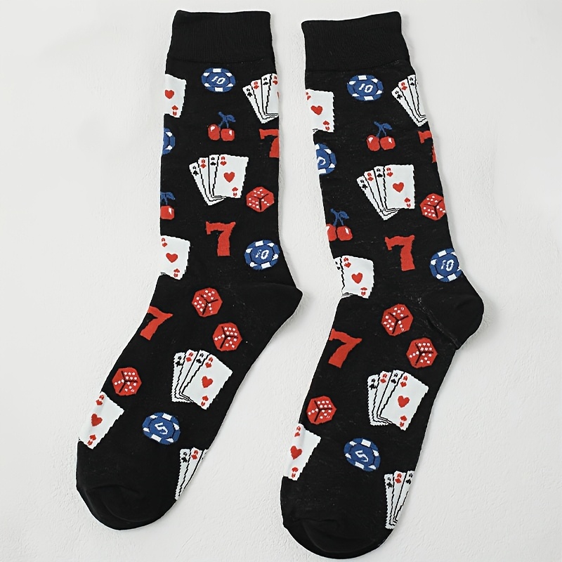 E-shop 1 Paar Herren-Mid-Calf-Socken mit Cartoon-Kartenspiel-Design – Atmungsaktive, feuchtigkeitsableitende Sportsocken für Frühling & Herbst, leichte