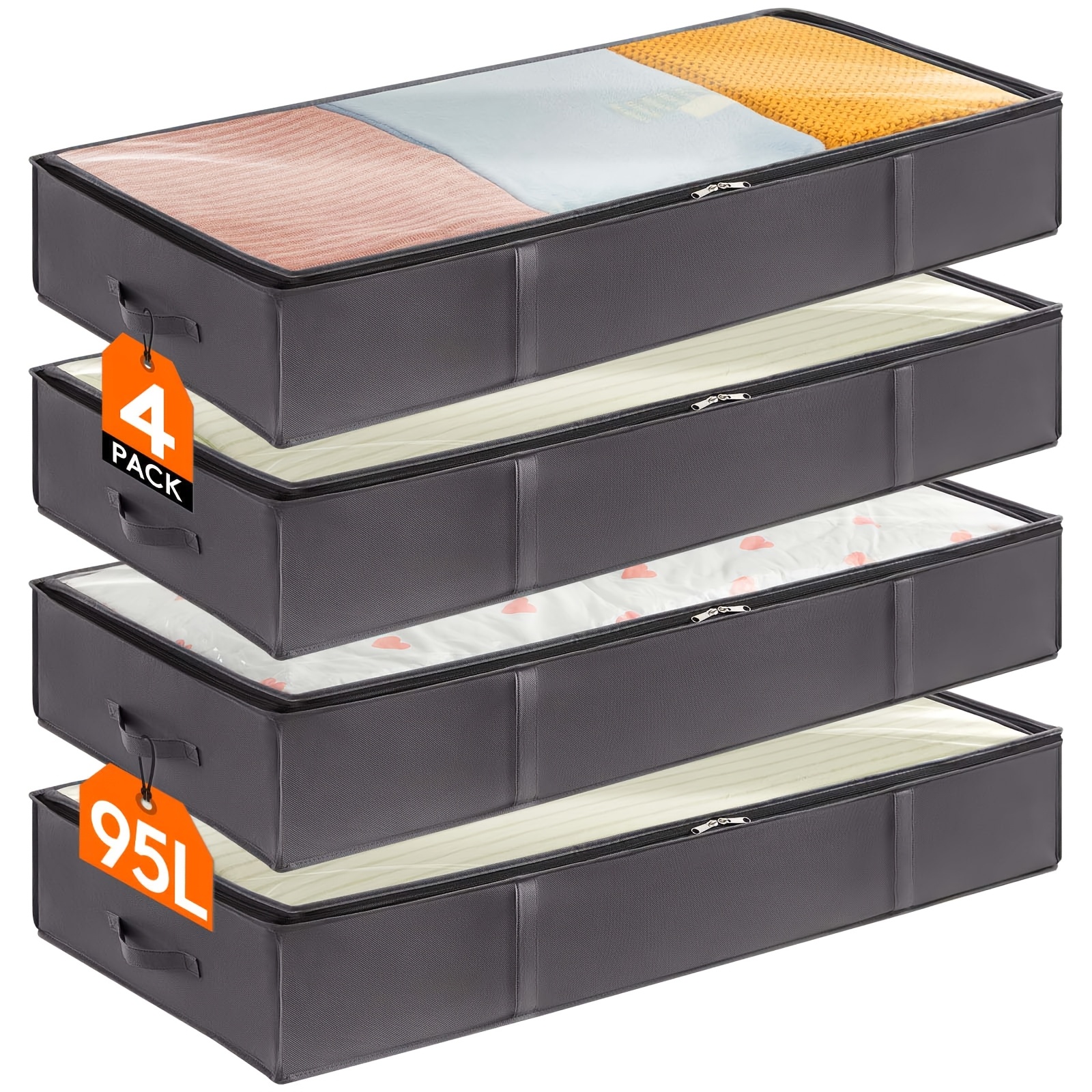 TEMU Lot de 4 conteneurs de rangement sous le lit 95L, sacs de rangement pour couvertures de grande capacité avec poignée renforcée, organisation et