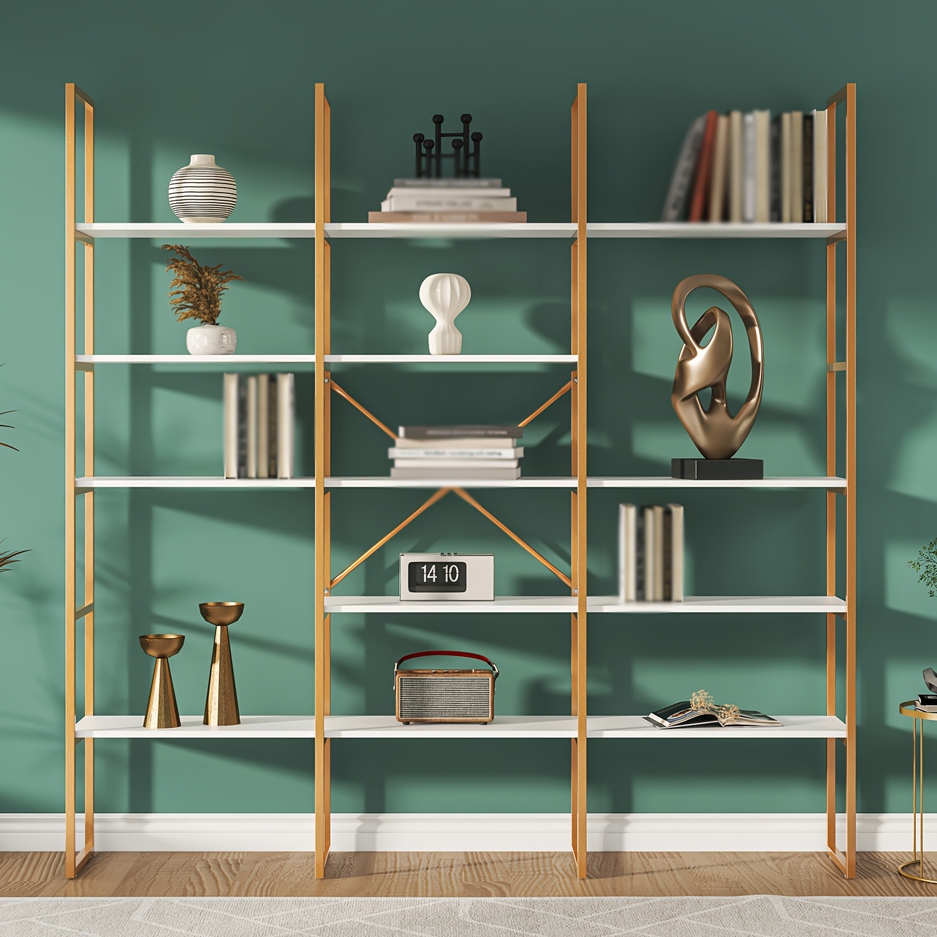 5 tier triple wide geometric bookshelf industrial etagere with sturdy metal frame 71 tall freestanding display shelving unit   for home office